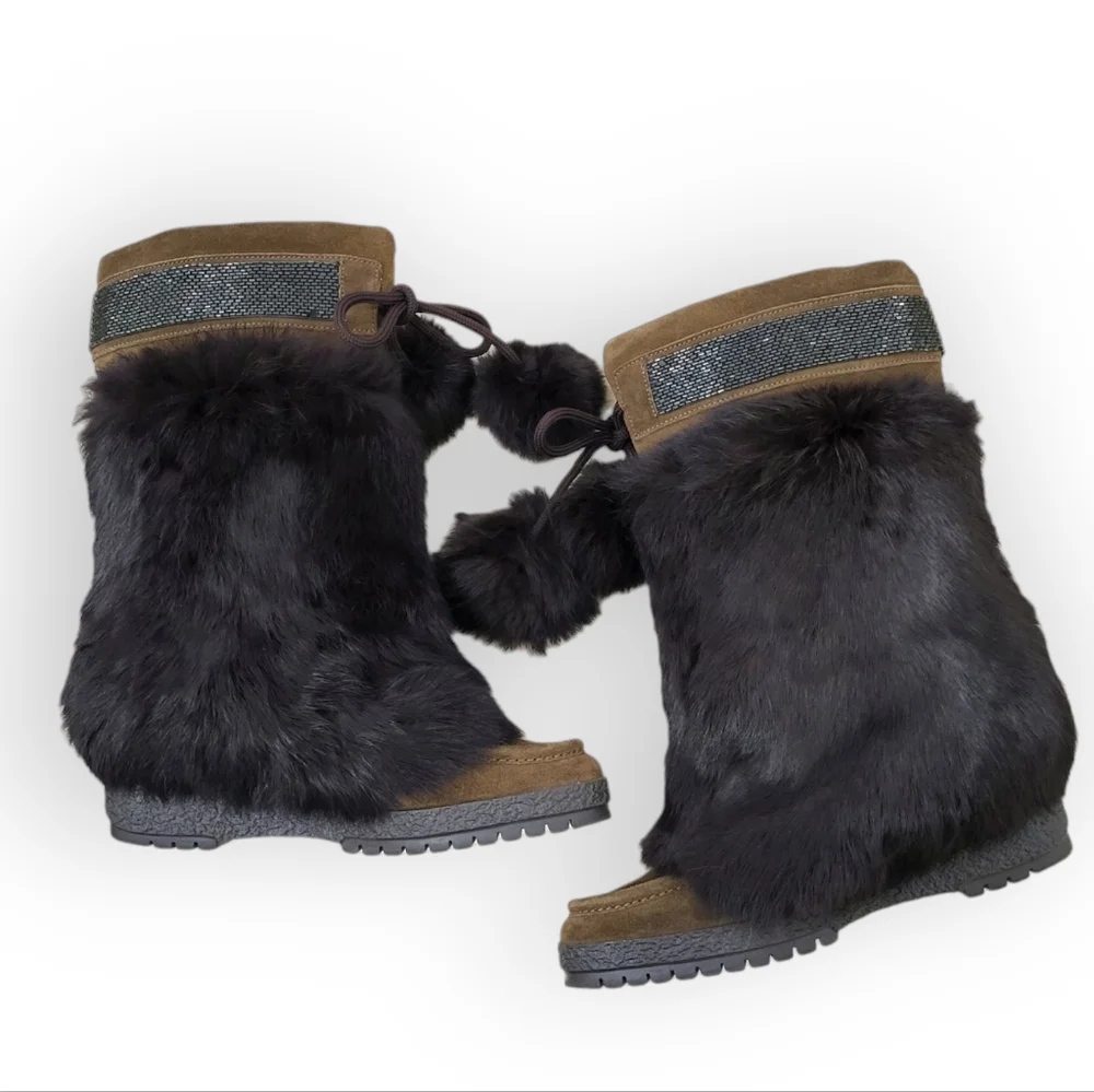 COACH Maryann Rabbit Fur Suede Boots Brown Beaded Trim Pom Pom Ties 8